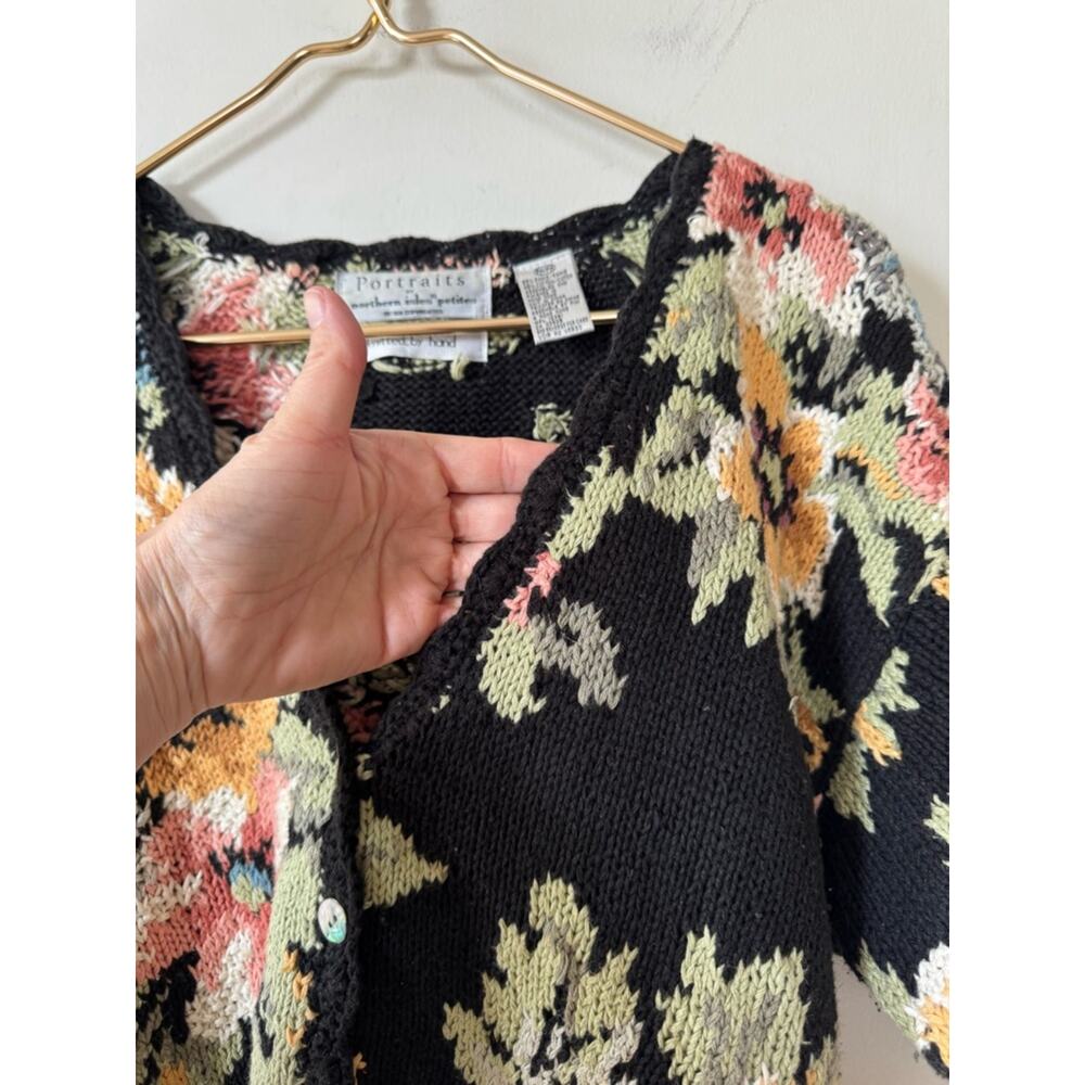 Portraits Vintage Black Cottage Floral Hand Knitted Cardigan Sweater PM - Picture 6 of 7